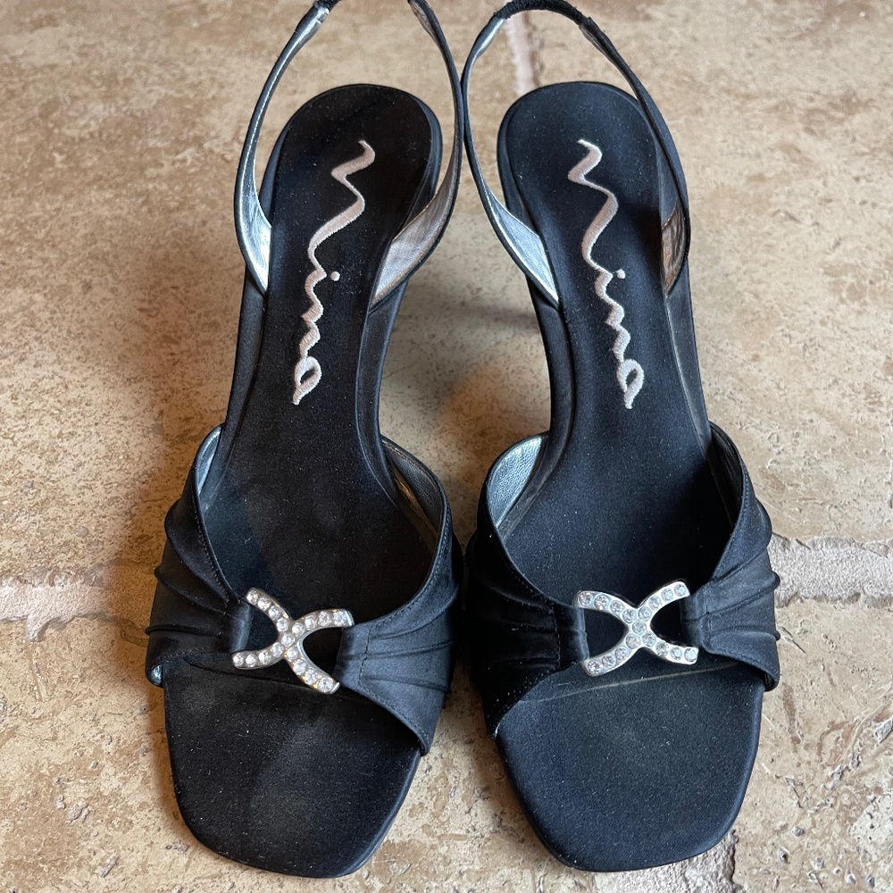 Nina Black Satin Heels 7.5